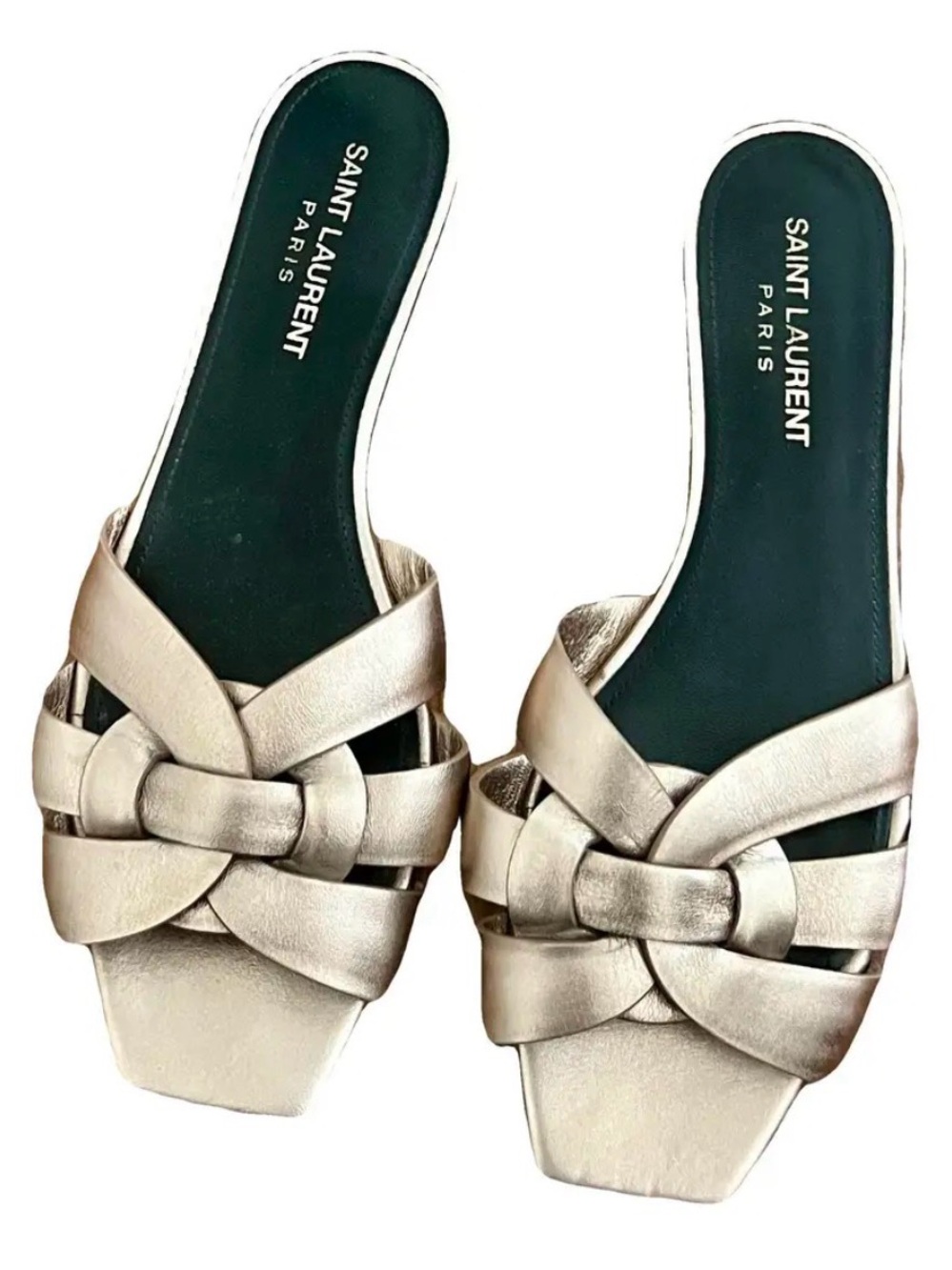 Saint Laurent Tribute Metallic Gold Leather Slide Mules - Women